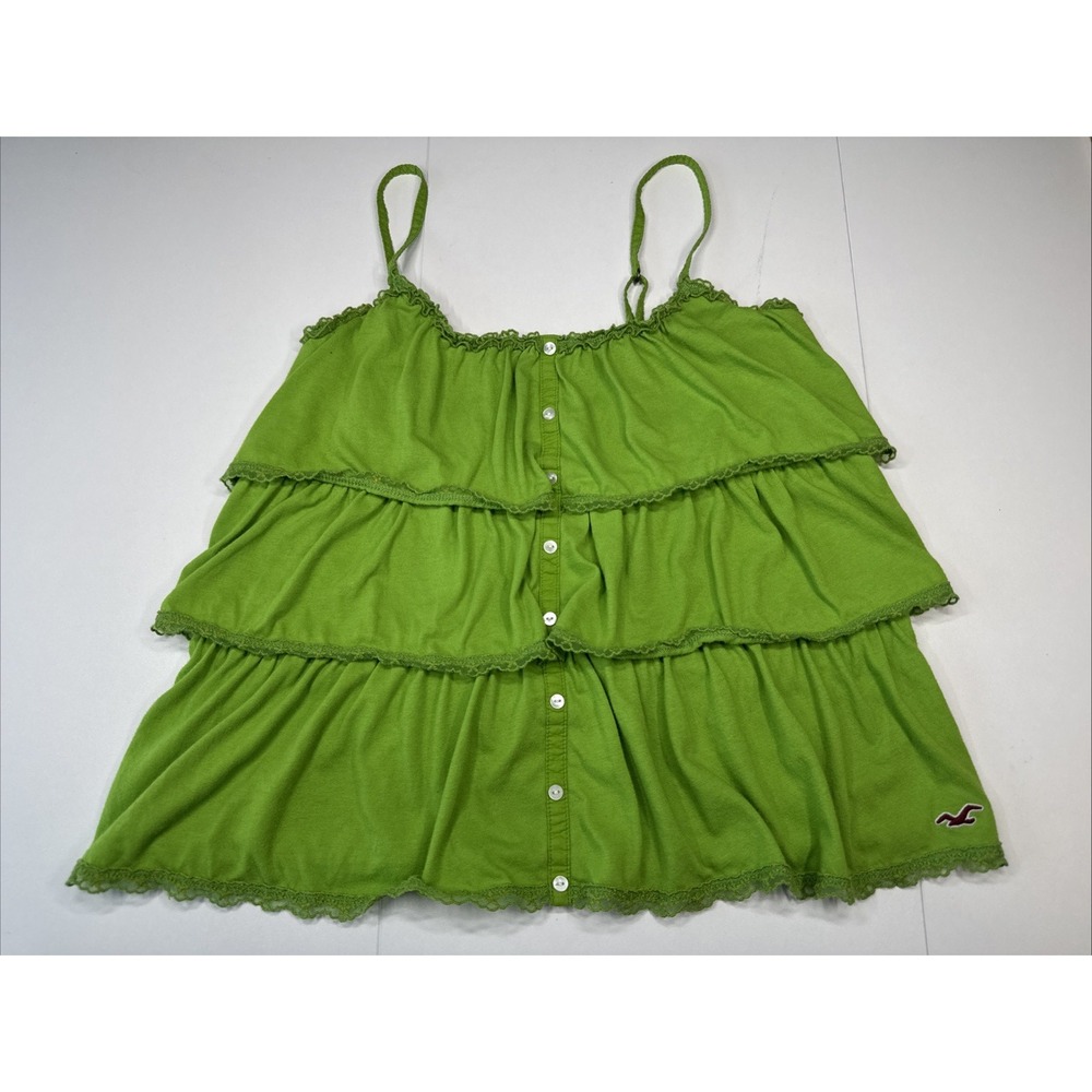 Hollister Womens Large Lime Green Ruffled Blouse Top Short Sleeve Ruffle Detail